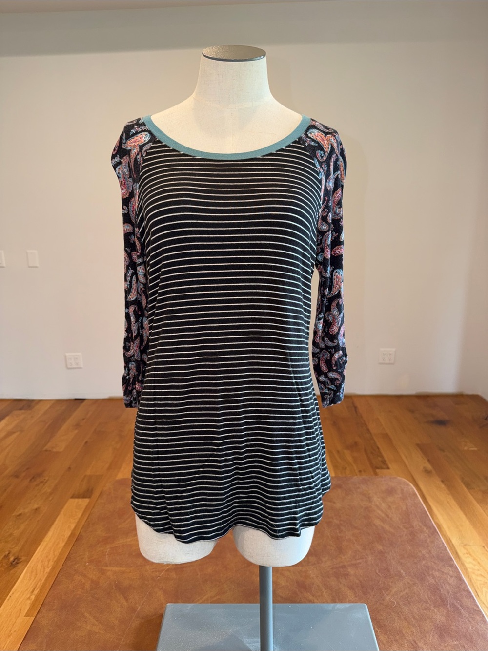 Striped Black & White Crewneck Top with Paisley Sleeves